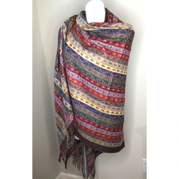 Colorful Striped Shawl/Wrap with Fringe Size 80 inches long by 40 inches wide - Picture 2 of 6